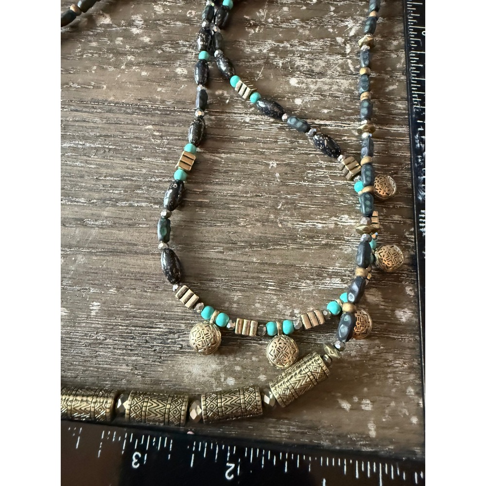 Premier Designs Beaded Layered Necklace Turquoise Gold Tone Boho Long Strand